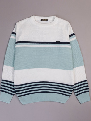 WAY TO TRENDY Striped Round Neck Casual Men Light Green Sweater