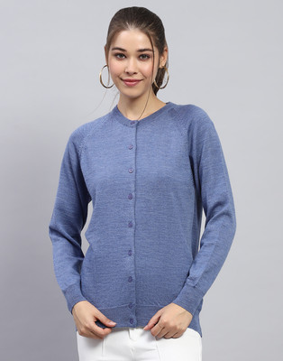 MONTE CARLO Self Design Round Neck Casual Women Blue Sweater