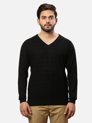 Raymond Self Design V Neck Casual Men Black Sweater
