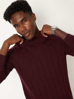 MAX Printed Round Neck Casual Men Maroon Sweater