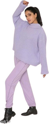 albari Solid Round Neck Casual Women Purple Sweater
