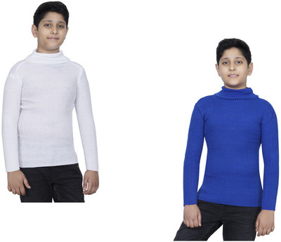 IndiWeaves Solid High Neck Casual Boys Blue, White Sweater
