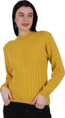 HITTIKA Self Design Round Neck Casual Women Yellow Sweater