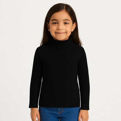 Chiclift Solid High Neck Casual Baby Girls Black Sweater