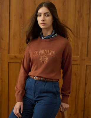 U.S. POLO ASSN. Striped, Printed Crew Neck Casual Women Brown Sweater