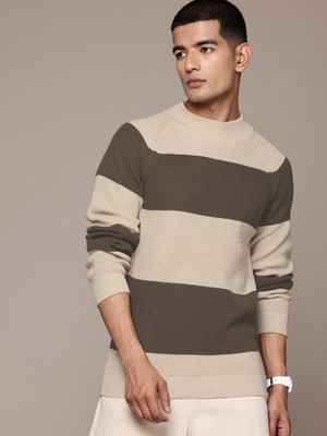 Roadster Striped Round Neck Casual Men Beige Sweater