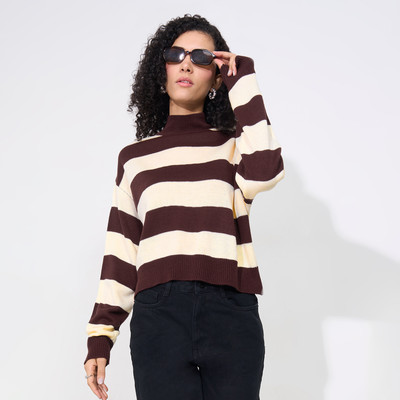 SF Jeans by Pantaloons Striped Round Neck Casual Women Brown, White Sweater
