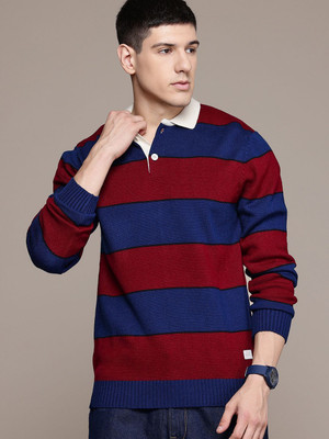 Roadster Striped Mandarin Neck Casual Men Maroon, Blue Sweater