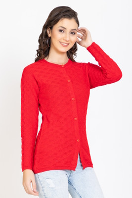 GODFREY Self Design Round Neck Casual Women Red Sweater
