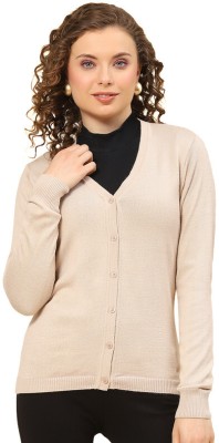 MONTE CARLO Solid V Neck Casual Women Beige Sweater