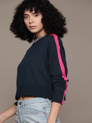 Roadster Solid Round Neck Casual Women Blue Sweater
