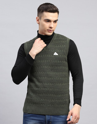 MONTE CARLO Self Design V Neck Casual Men Green Sweater
