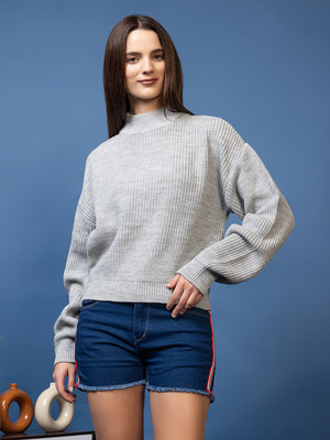 Mast & Harbour Self Design High Neck Casual Women Grey Sweater