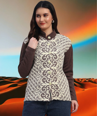 Christy World Self Design High Neck Casual Women Brown Sweater