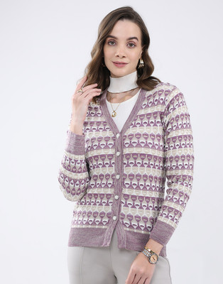 MONTE CARLO Self Design V Neck Casual Women Beige, Purple Sweater