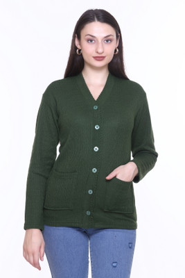 ENOV Self Design V Neck Casual Women Dark Green Sweater