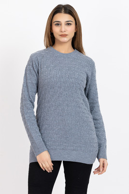SHRYENKA Solid Round Neck Casual Women Grey Sweater