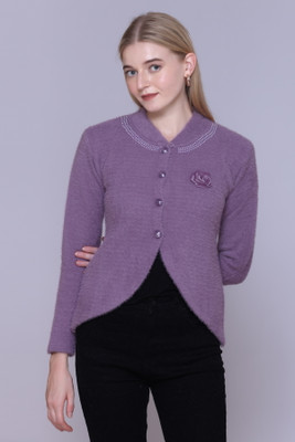 FASHIONLOOK Self Design Round Neck Casual Women Purple Sweater