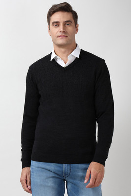 PETER ENGLAND Solid V Neck Casual Men Black Sweater
