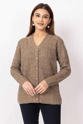 Dodge Self Design V Neck Casual Women Brown Sweater