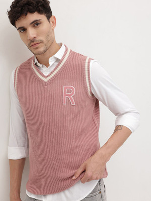 Roadster Solid V Neck Casual Men Pink Sweater