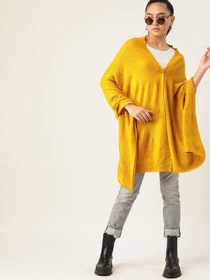 Dressberry Self Design V Neck Casual Women Yellow Sweater