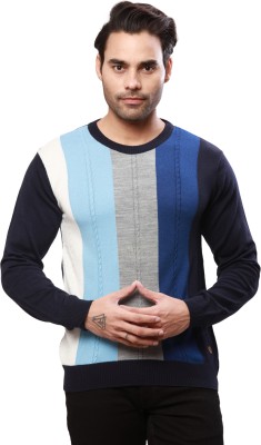 Raymond Striped Round Neck Casual Men Blue Sweater