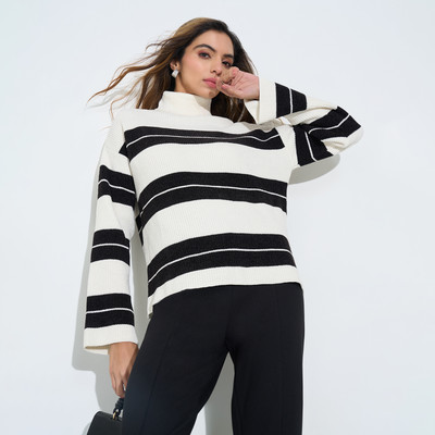 Annabelle by Pantaloons Striped High Neck Casual Women White Sweater