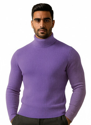 PEAK MOUNT Solid High Neck Casual Men Purple Sweater