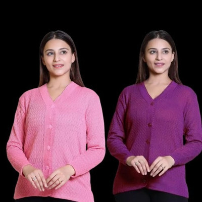 LUXURIOUS DESIGN Solid V Neck Casual Women Pink, Purple Sweater