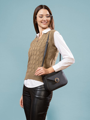 CHEMISTRY Embroidered V Neck Casual Women Brown Sweater