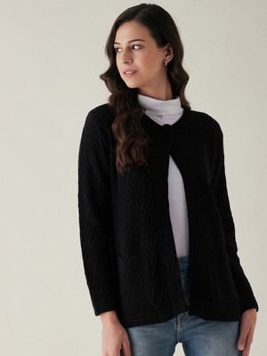 Rivza Self Design V Neck Casual Women Black Sweater