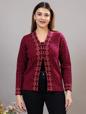 TWENTY ME Printed V Neck Casual Women Maroon Sweater