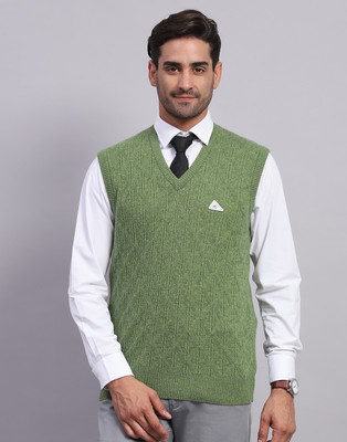 MONTE CARLO Self Design V Neck Casual Men Light Green Sweater
