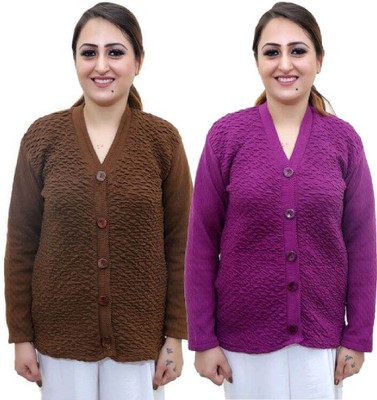 Shunit creation Self Design V Neck Lounge Wear Women Brown, Purple Sweater