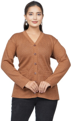 PIPASA WOMEN Self Design V Neck Casual Women Brown Sweater