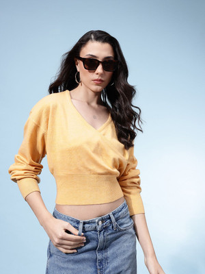 Glitchez Solid V Neck Casual Women Yellow Sweater