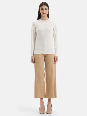 KAZO Solid Round Neck Casual Women White Sweater