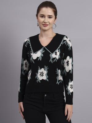 MODKLINE Floral Print Peter Pan Collar Casual Women Black Sweater