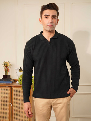 KVETOO Self Design Collared Neck Casual Men Black Sweater