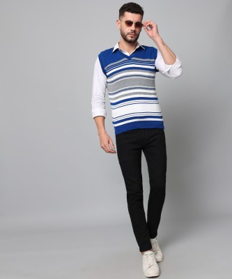 WILLEY Striped V Neck Casual Men Blue Sweater