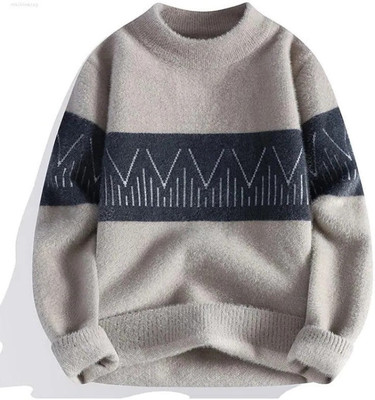 Ucollection Striped Round Neck Casual Men Grey Sweater