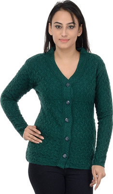 aarbee Self Design V Neck Casual Women Green Sweater