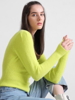 ONLY Solid Round Neck Casual Women Green Sweater