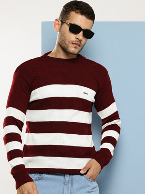Roadster Solid Round Neck Casual Men Maroon, White Sweater