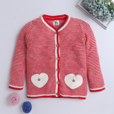 COMPOUND Striped V Neck Casual Girls Red Sweater