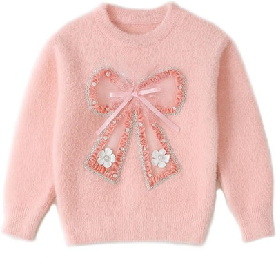 Bold N Elegant Self Design Round Neck Party Girls Pink Sweater