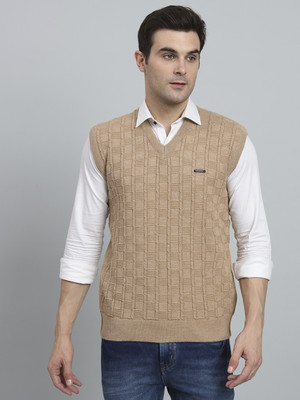 eWools Checkered V Neck Casual Men Beige Sweater