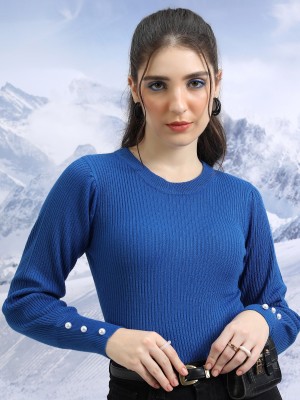 Tokyo Talkies Solid Round Neck Casual Women Blue Sweater