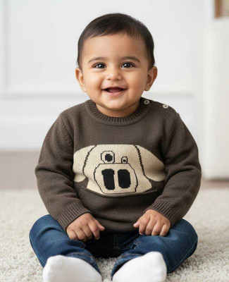 mothermade Self Design Round Neck Casual Baby Boys & Baby Girls Brown Sweater